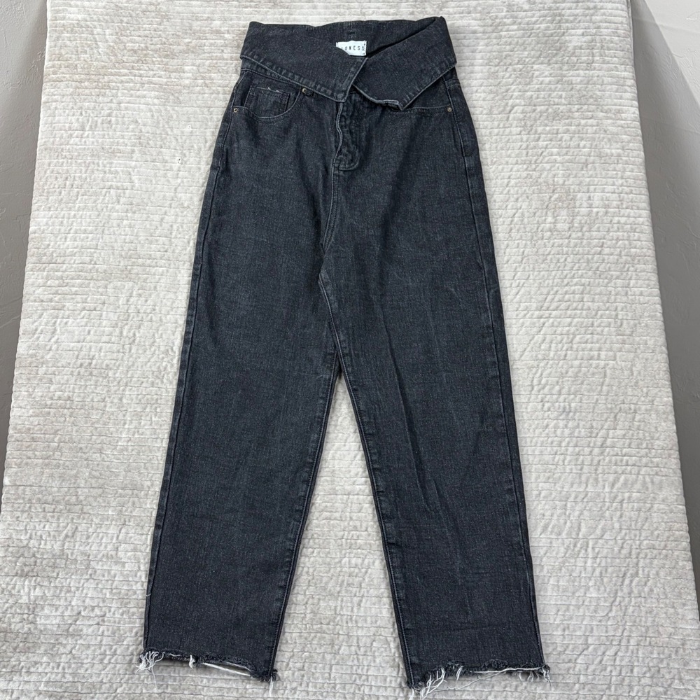 Lioness Washed Black Fold Over Crossover Waist Straight Leg Jeans Size S Raw Hem